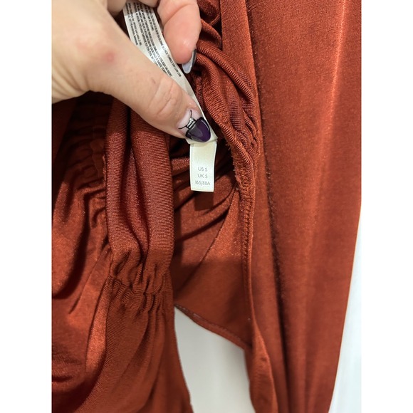 Free People Ruched Long Sleeve Bodysuit Square Neck Rust Orange Size S - Picture 3 of 8